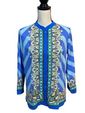Bob Mackie Bombay Placement Print Button Front Blouse Blue Stripe S